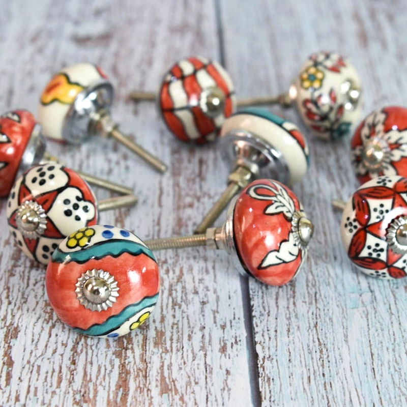 Ceramic Cabinet Drawer Pull  /Red Blue Knobs Hand Painted  Multi color /Use for Cupboard And Wardrobe Door(SET OF 10)