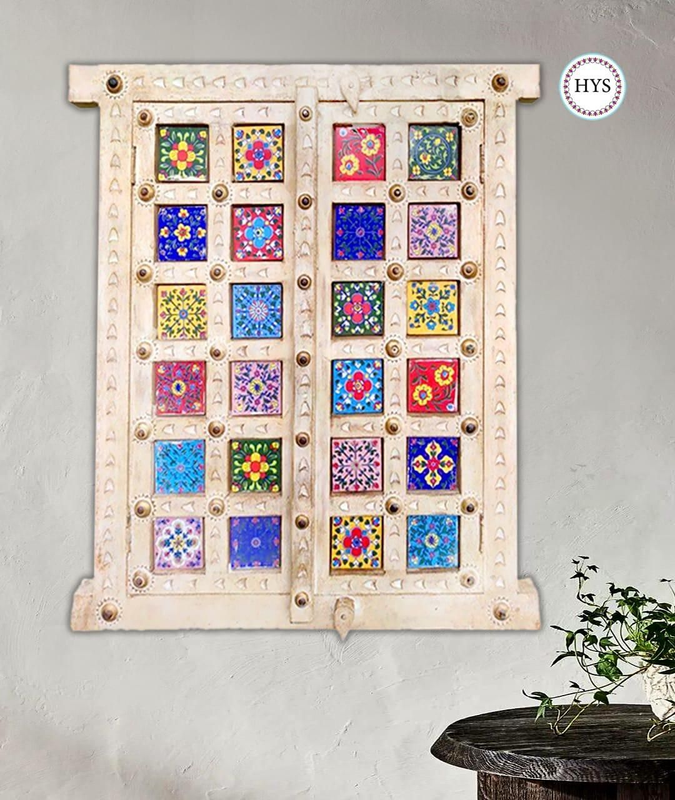 Vintage Style Handcarved Wood & Ceramic Tiles Fitted Brass Work Window/window Frame/ethnic Window.rustic White
