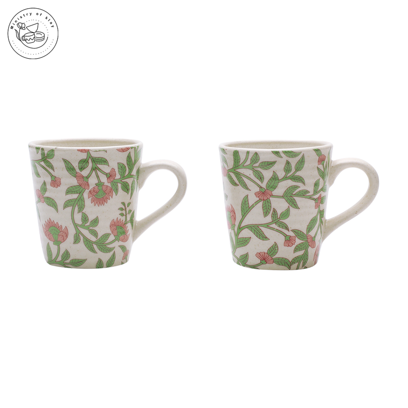Ministry Of Klay Pink Floral Decal Ceramic Coffee Mugs / Microwave Safe, Set of 2, 250ml each