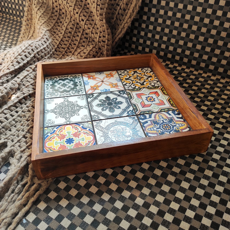 Antique Tile Tray( Big- 10"x10"), Desk Organizer, big size with vintage style ceramic tiles, Boho tray, Rustic tableware, wooden platter